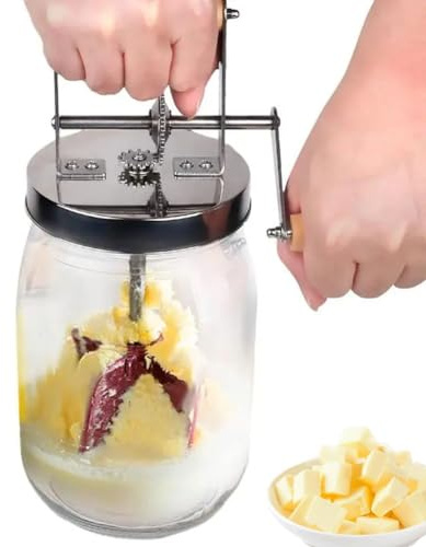 Churner manual de mantequilla de vidrio – 1,5 L para mantequilla cremosa casera – fácil de usar y lavable para el hogar, cocina y restaurantes