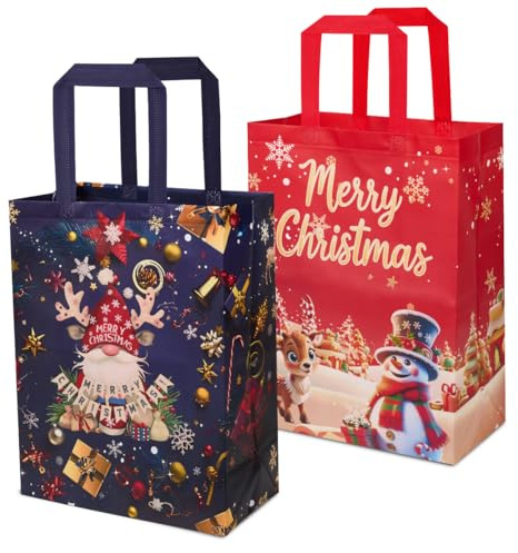 2 bolsas grandes de regalo navideñas, reutilizables, de tela no tejida, color rojo y morado, para envolver regalos y entregar