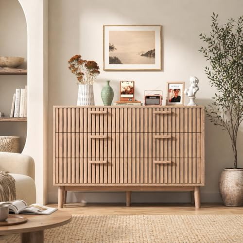 Kommode mit 6 Schubladen, 100 x 34 x 73 cm, Aufbewahrungsschrank Sideboard Holz, Schubladenschrank mit großem Stauraum für Wohnzimmer, Schlafzimmer, Linienmuster (Naturholzfarbe, sechs Schubladen)