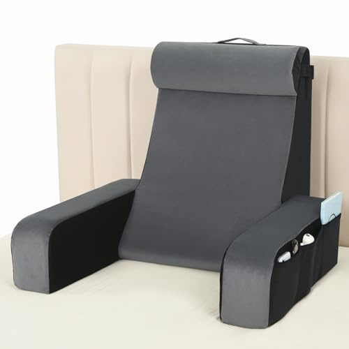 Vekkia 25 Extra-Large Reading Pillow for Tall Adults – 60° Ergonomic Wedge Back Pillow with Built-in Armrests, Adjustable Headrest & Large Pockets – Ideal for Sitting in Bed, Reading, TV, and Gaming