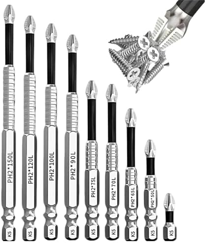Touosy 9 Pezzi Inserti per Avvitatore, Inserti per Avvitatore Professionali | Punte Magnetiche Altamente Potenti, Punte Antiscivolo K5 per Cacciaviti Phillips Resistenti ai Colpi (25-150mm)