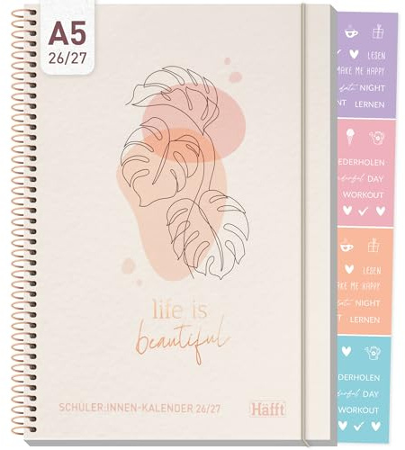 Häfft® College-Timer Deluxe Schülerkalender 2026 2027 A5 | Mit Roségoldprägung, Stickern & Gummiband - Schulplaner 26/27 für Schule & Uni, Hausaufgabenheft Life is beautiful