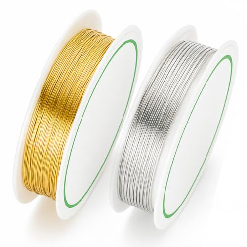KZTHA 2 Piezas Rollos Alambre para Cuentas, Alambre Manualidades, 0.2mm X 20 M, Flexible Alambre de Cobre para Joyeria DIY Hacer Joyas, Bisutería y Floristería