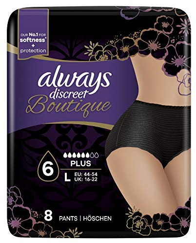 Always Discreet Boutique Lot de 8 culottes d'incontinence pour femme, grande taille, noir, 16 culottes à haute capacité d'absorption (8 x 2 paquets), neutralisant les odeurs, douceur et protection,