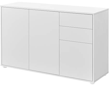 [en.casa] Credenza con 2 Cassetti e 3 Ante Comò Cassettiera Multiuso con Scomparti Vani Chiusi per Soggiorno Camera da Letto Ufficio 74x117x36 cm - Bianco Opaco
