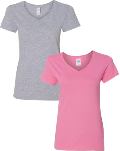 Gildan Women's Heavy Cotton V-Neck T-Shirt, 2-Pack, Sportgray-azalea, Large