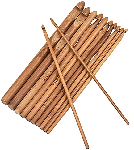 Set di 12 Uncinetti in Legno di Bambù, Ferri da Maglia in Bambù Diametro da 3 a 10mm, Ferri da Uncinetto Ferri da Maglia Fatti a Mano Aghi di Crochet per la Tessitura, Principianti e Professionisti