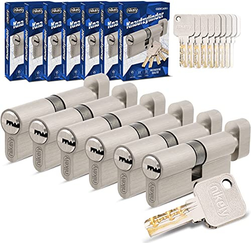 GERCAR Pro Gleichschließend 6 Knaufzylinder 45/45 Set 6x Schließzylinder mit Knauf inkl. 30 Schlüssel - 90 mm Türschloss Zylinderschloss 6er Zylinder - Länge: 90mm, A:45 B:45 - Messing matt massiv