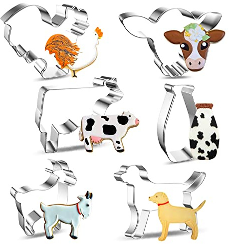 6Stück Ausstechform Edelstahl, Kuh Kuhkopf Milchflasche Ziege Hund Huhn Keks Ausstecher, Ausstechformen Keks und Plätzchenform Plätzchen, Plätzchenbacken Kinder Cookie Cutters