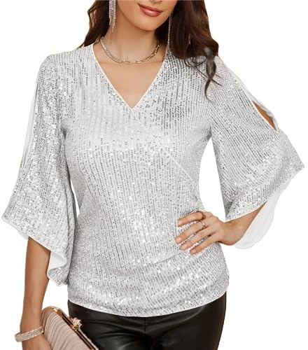GRACE KARIN Camicetta da donna con scollo a V, elegante camicetta avvolgente, lanterna, a maniche lunghe, slim fit, a tunica, Argento bianco paillettes, L