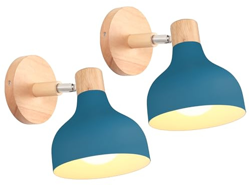 iDEGU 2 Stücke Wandlampen Retro E27 Wandleuchte Moderne aus Holz Metall im Skandinavischen Stil Lampenschirm Tropfenförmig Verstellbare Wandspot Vintage Lampe für Schlafzimmer Wohnzimmer (Oxford-blau)