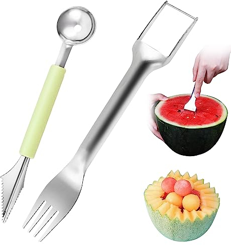 2 Stücke Melonenausstecher Wassermelonen Schneider, 2-In-1 Wassermelonen Gabelschneider, Kugelausstecher Und Schnitzwerkzeug, Melonenschneider Aus Edelstahl für die Küche