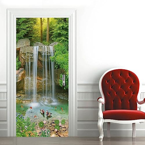A.Monamour Türtapete Selbstklebend Türfolie Türposter 3D Blick Auf Den Wasserfall In Der Wald Naturlandschaft Vinyl Folie Türdeko Tapete Wandbild Türaufkleber Türtattoo 90x200cm