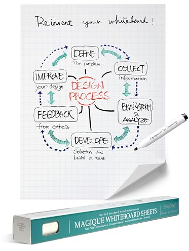 EASYCLING Magique - Pellicola autoadesiva per lavagna bianca, con 25 fogli e 1 pennarello incluso, lavabile e riscrivibile, adatta per tutte le superfici lisce, 60 cm x 80 cm (Gridded)