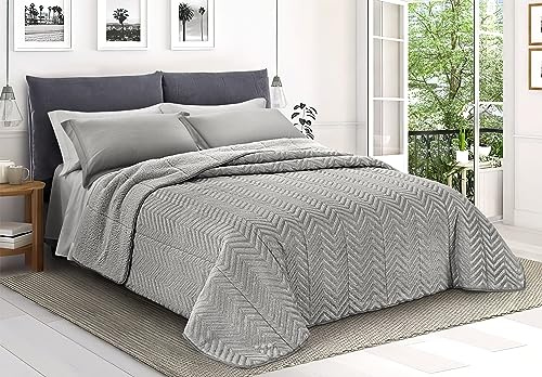 Trapunta Coperta Piumone Invernale Caldissimo imbottito 570 gr/mq in Pile Velluto 3D e Agnellato Sherpa Letto Matrimoniale 2 Piazze 260x260 cm Made in Italy Mod. ZigZag Glitter Grigio Chiaro