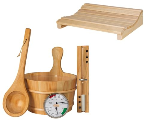 SUNNYDEALS Saunaset 5-teilig Holz, Thermometer, Eimer, Kopfstütze