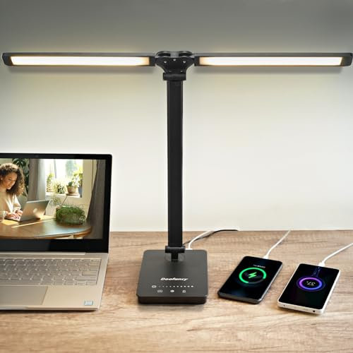 Doofancy Doppelkopf LED Schreibtischlampe,5 Farbmodi &10 Helligkeitsstufen Tischleuchte mit USB Ladefunktion,45 Min Timer und Lesemodus,Touch Control Leselampe für Home Büro Lesen Arbeiten