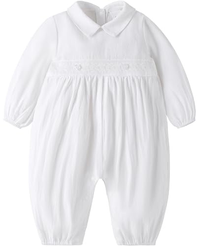 Booulfi Baby Clothes 0-3 Months Long Sleeve Cotton Baby Boy Christening Outfit Peter Pan Collar White Romper All-Season Wear White Romper Onesies for Boys