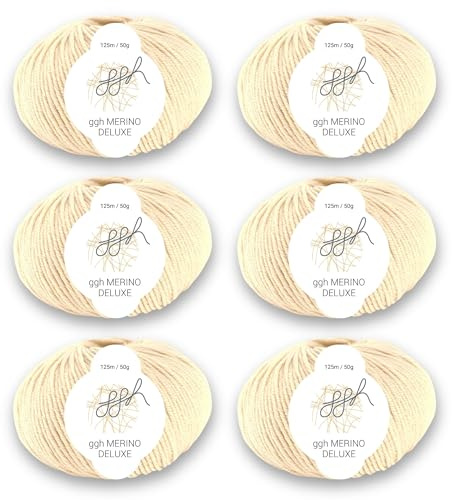 ggh Merino Deluxe – weiche Merinowolle zum Stricken – 300 g Garnset (6×50 g) – extrafine Merino Garn – Farbe 009 - Creme
