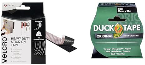 Velcro Brand Heavy Duty Stick On Tape Cut-to-Length Industrial Extra Strong & Duck Tape Original Black, 50mm x 25m. The Original high Strength Waterproof Gaffer and Duct Adhesive Cloth Repair Tape