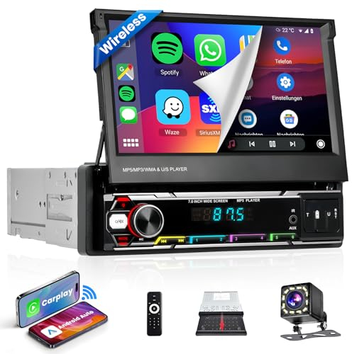 Podofo Wireless Carplay/Android Auto Autoradio 1Din Mit 7'' Touchsreen manuell ausfahrbarem Bildschirm Bluetooth 5.1 Wireless FM/AM/RDS 2USB/MIC/TF/Lenkradsteuerung mit 12LED Rückfahrkamera