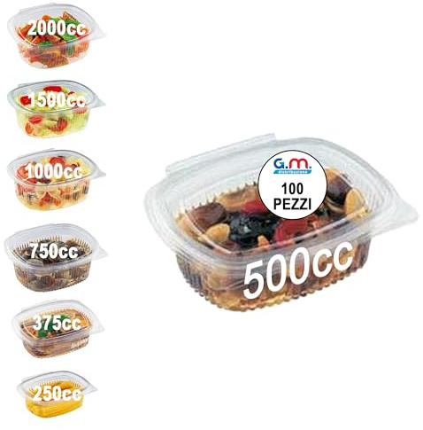 GM 100 Contenitori Ermetici Ovali 500cc - Trasparenti Con Coperchio - Per Alimenti in PET Monouso - Made in Italy