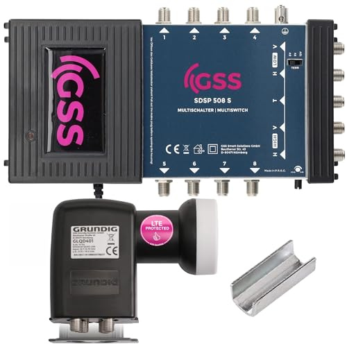 [ Test 2X SEHR GUT *] 2in1 Set: GSS 5/8 Multischalter + GSS Grundig 4fach Quad LNB, HD 4K Multiswitch für Quattro & Quad LNB geeignet, für 1 Satelliten & 8 Teilnehmer (TV, Sat Receiver), Antenne