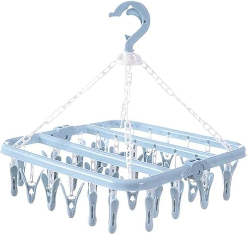 Retoo Stendibiancheria pieghevole con 32 clip, gancio girevole, antivento, per calze, biancheria intima, salvaspazio, colore grigio chiaro