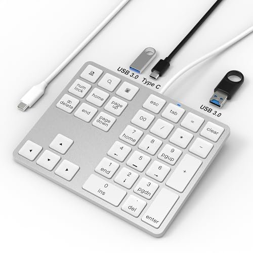 USB C Pavé numérique, Clavier numerique Filaire avec 2 Ports USB 2.0 + Type-C, 34 Touches, Clavier Ergonomique, pour PC Portable, Tablet, Surface Pro, Ordinateurs de Bureau, Aluminium
