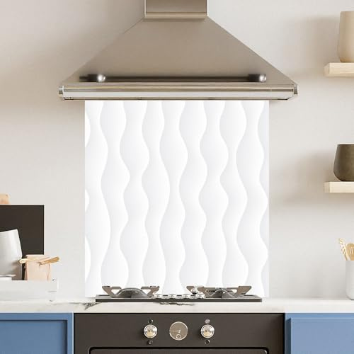 Toughened 6mm Glass Kitchen Splashback 70 x 75cm Wavy White Pattern - Polished Heat Resistant Back Splash for Cookers Hob