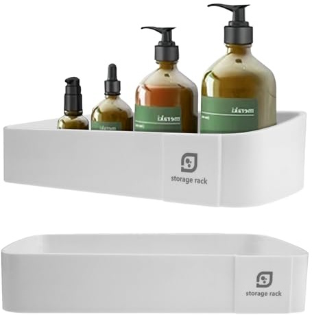 Rongxze 2 Stück Duschablage Ohne Bohren, Duschablage Badezimmer Organizer, Kunststoff Duschregal mit Selbstklebendem Klebeband, Duschkörbe mit Ablauföffnungen für Küchen und Badezimmer (Weiß)