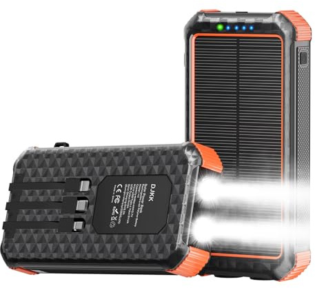 Solar Portable Charger Power Bank:46800mAh Phone Powered Battery Pack Built-in 3 Cables 15w Fast Charging 4 Output for All Mobile Devices,Dual Flashlights&Compass for Travel/Camping/Emergency (Orange)