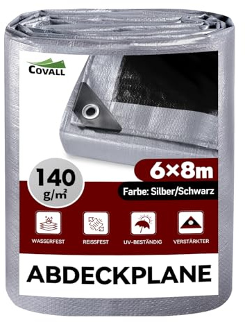 COVALL Telo Telone Teloni Occhiellato impermeabile Bicolore 140g/m² Telo per carichi pesanti Telone Argento/Nero tetto piscina auto camion Rv champing tenda costruzione giardino pet shed Tarp.(6x8m)
