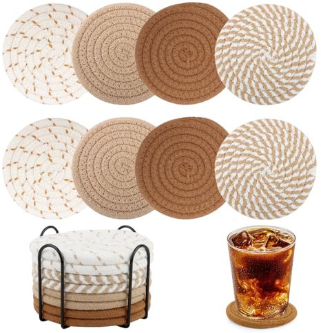 Posavasos para Bebidas, Posavasos Redondos para Copas Juego de 8, Posavasos para Bebidas, Posavasos de Mesa Antideslizantes de Algodón Tejido, Round Glass Coasters for Glasses