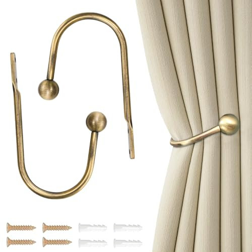 Curtain Tie Backs Hooks, 2 Pcs Metal Curtain Holdbacks, Retro U-Shaped Wall Mounted Curtain Tieback Decorative Drapery Holder with Screws for Bedroom Fixed Curtain or Hanging Items (Golden)
