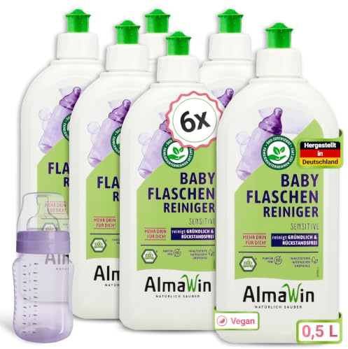AlmaWin® Babyflaschen Reiniger [6x 500ml] für die schonende & effektive Reinigung von Babyflaschen, Schnuller, Esszubehör & Mehr - 100% natürlicher Baby Spülreiniger - Flaschenreiniger, VEGAN