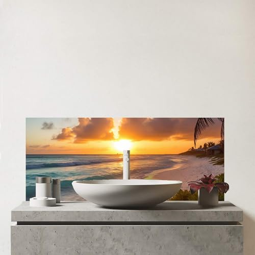 Warren Reed - Designer Premium Sunrise On The Beach Glass Bathroom Splashback 6mm Toughened Glass – Water-Resistant Wall Protector for Basins & Sinks, Polished Edges