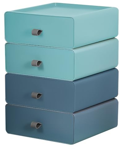 4PCS Tiroir Rangement Plastique Empilable, SITAKE Boite Rangement Bureau Organisateur de Cosmétiques pour Bureaux Salles de Bain Solutions de Rangement Pratiques et Élégantes (Bleu et Vert)