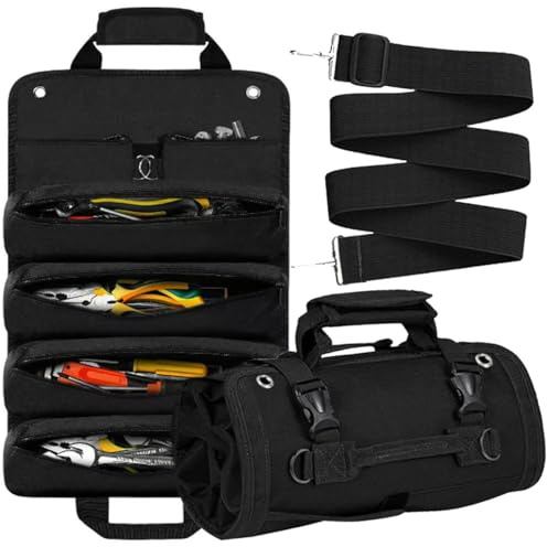 Werkzeugtasche zum Aufrollen, robust, gerollt, leer, tragbar, faltbar, Roll-Organizer mit 2 kleinen Taschen, rollbare Tragetasche, Werkzeugtasche, Vater, Männer, Mechaniker (Schwarz)