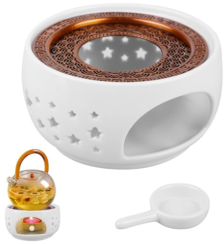 Stövchen Keramik, Teekannenwärmer mit Teelichthalter und Herdmatte, Weiß Teewärmer Hohl Geschnitztes Design, Geschnitztes Retro Kerzenständer Teekocher Stövchen für Teekanne,(Stern)