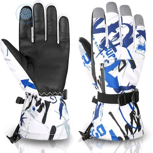 Guanti da sci impermeabili, invernali, caldi, per il freddo, touchscreen, guanti da neve, per uomini, donne, bambini, sci, snowboard (blu/bianco, M (adatti per bambini 11-15 anni e donne taglia S-M))