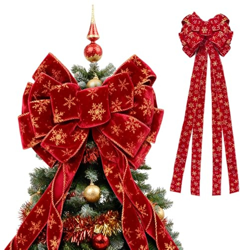 SilverChry Fiocco Decorativo Natalizio, 110x28cm, Puntale per Albero di Natale, Decorazione Natalizia, con Nastro Lungo, Adatto per Decorare l'Albero di Natale, Ghirlande, Casa, Festival (Rosso)