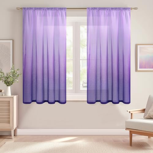 DWCN Cortinas Visillo Degradado Violeta para Habitación Infantil con Cinta Fruncidora de Hilos, Visillo con Sistema de Rieles Transparentes Cortos para Salón de Niña, 140 x 145 cm, Lote de 2