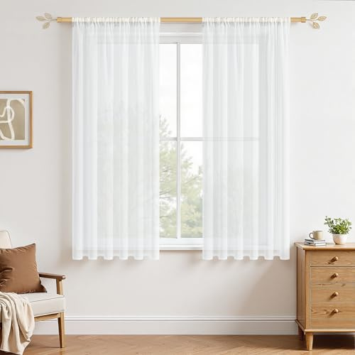 MRTREES Gardinen Kurz Weiß 2er Set H 130 x B 140 cm, Gardine Transparent mit Stangendurchzug Voile Gardine für Wohnzimmer Schlafzimmer Kinderzimmer Modern Halbtransparent Stores