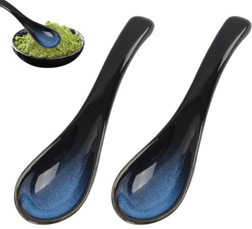 2PCS Asiatische Suppenlöffel Set, Asiatische Löffel Aus Keramik Als Chinesische Suppenlöffel Und Japanische Suppenlöffel Für Ramen Und Suppen Mit Gebogener Form Und Angenehmer Haptik Für Den Tisch