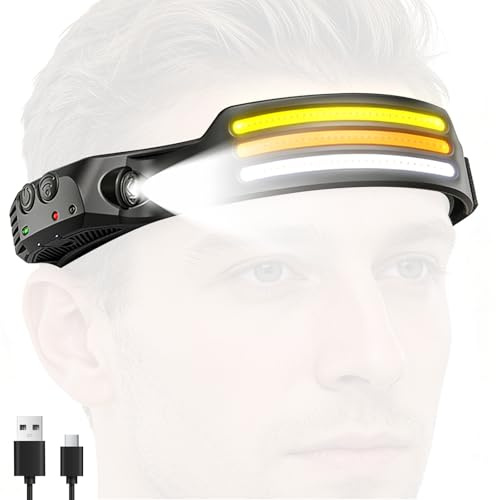 Veloray Linterna Frontal LED Recargable USB C, con Sensor de Movimiento y Luz Roja, 10 Modos de Luz, Haz Amplio 230°, IPX45, para Exteriores, Pesca, Senderismo, Correr