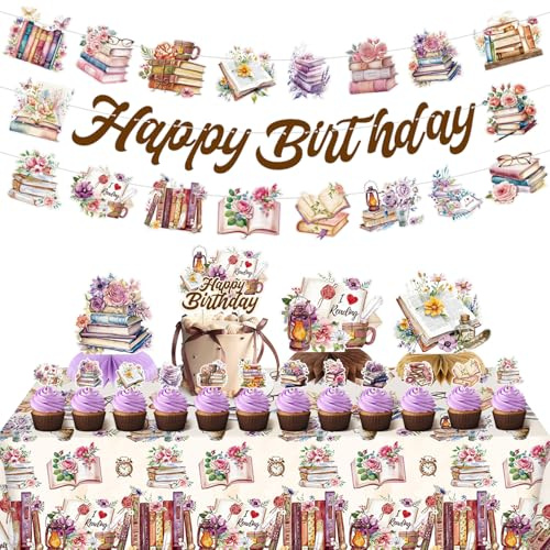 Book Birthday Decorations Book Party Decorations Include Happy Birthday Banner Cake Toppers Honeycombs Tablecloth for Books Party Supplies