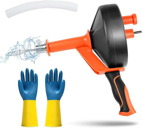 Desatascador Tuberias Profesional- 10m, Desatascador Fregadero con Accesorio de Taladrar, Limpia Tuberias con Guantes - Manual & Eléctrico, Desatascador WC para Inodoros Baño Cocina
