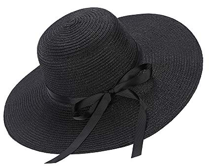 FangYun Sonnenhüte Floppy Faltbare Bowknot große breite Krempe Stroh Damenhüte Sommer Strand Strandkappe UV-Schutz, L, Schwarz