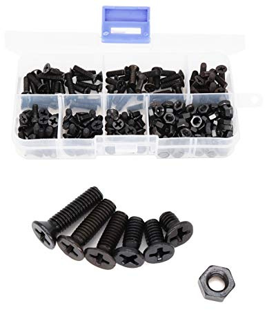 BinifiMux M4 Flat Head Screws and Hex Nuts Phillips, Countersunk Machine Screws, 220pcs (6 Sizes) Black Bolts Nuts Assortment for TV Stand, Computer Repairing, DIY